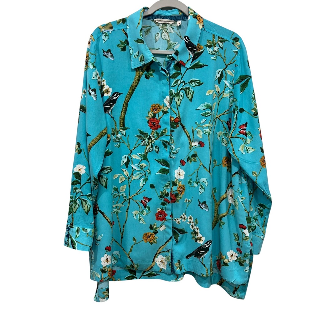 Soft Surroundings Button-down Blouse Turquoise Bird Butterfly Floral Size 1X